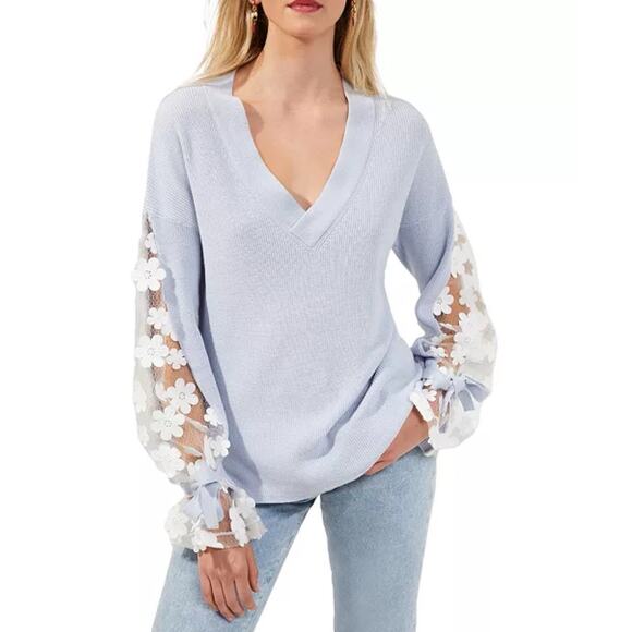 French Connection Caballo Sweater Women XS Blue Lace Arm Panel Boho Coquette - Picture 1 of 10